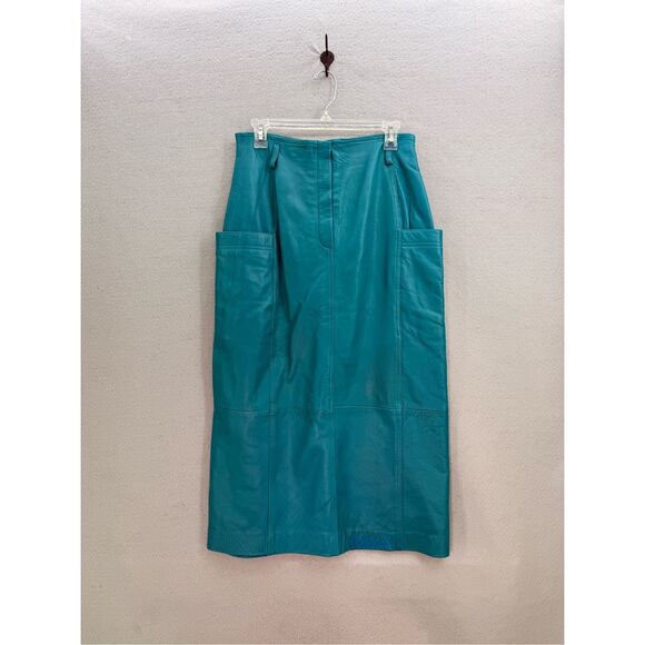 Stunning Vintage Teal Green Napa Leather Midi Skirt Size  8 - Picture 1 of 8